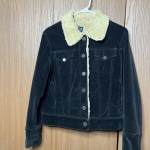 Gap Jacket Women Small Black Velvet Faux Fur Sheerling Lined Snap Button